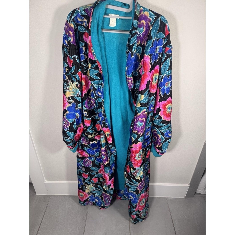 VINTAGE Adonna Floral Robe Terry Cloth‎ Bathrobe Large vibrant Flowers 80s robe